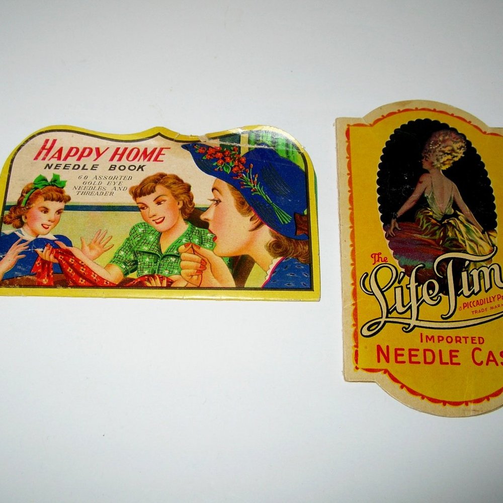 Antique HAPPY HOME NEEDLE BOOK & LIFE TIME IMPORTED NEEDLE CASE FILLED w/Needles